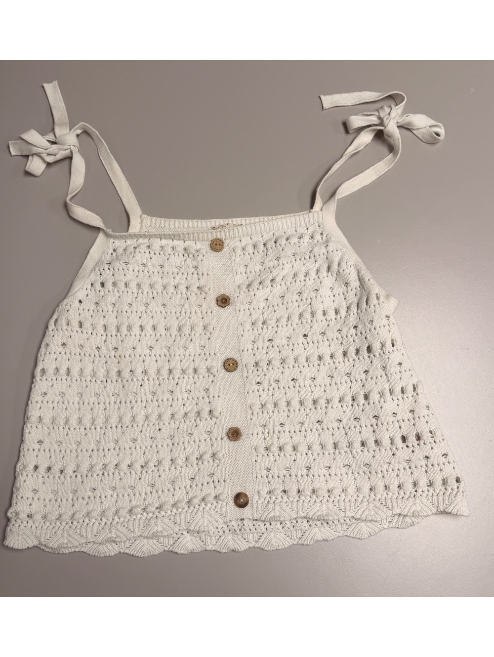 Hem & Thread White Crochet Knit Tie Strap Tank Top Size Large
